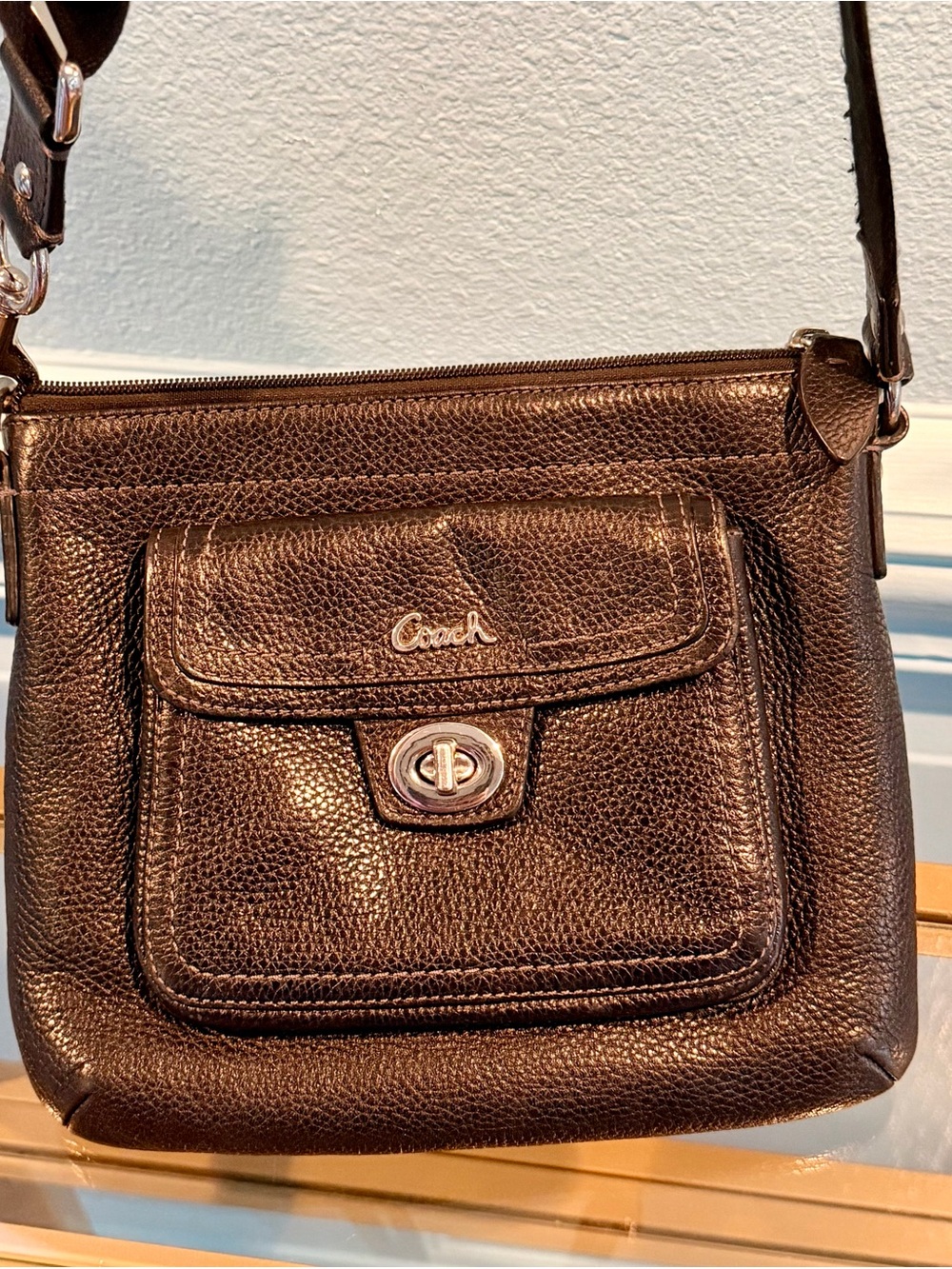 Coach Dark Brown Pebbled Leather Shoulder Bag with Front Turn-Lock